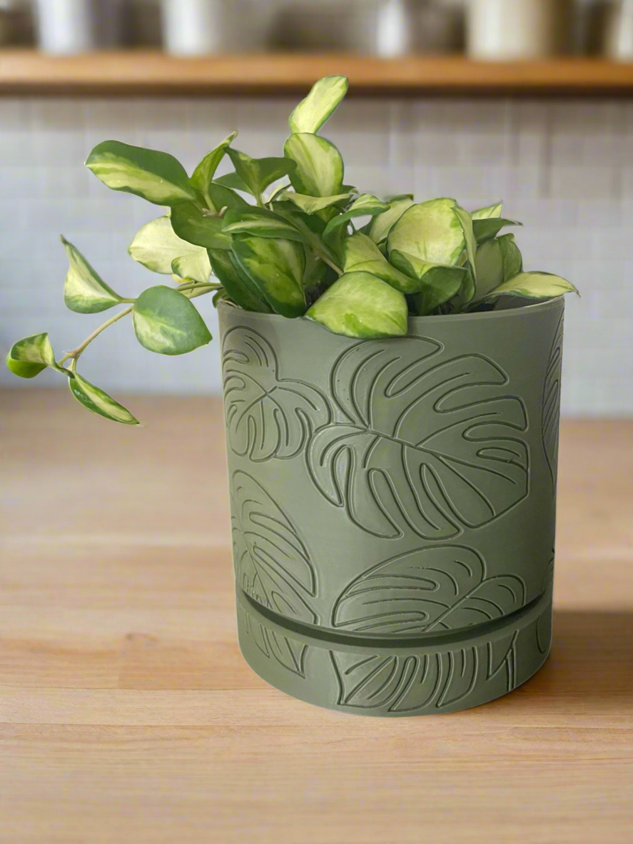Etched Leaf Planter with Hidden Drip Base