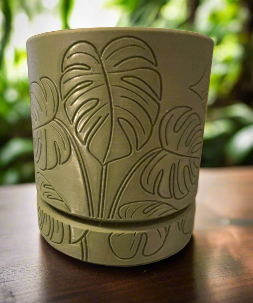Etched Leaf Planter with Hidden Drip Base