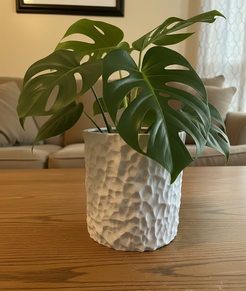 Chiseled Stone Planter with Hidden Drip Base
